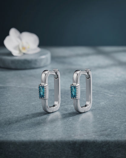 Rhodium Plated Topaz Studded Mini Square Hoop Earring