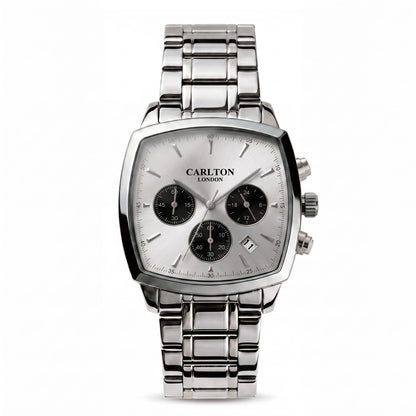 Carlton London Sterling Men’s Watch - Silver Square Dial, Silver Stainless Steel Strap - CLSTBSVR