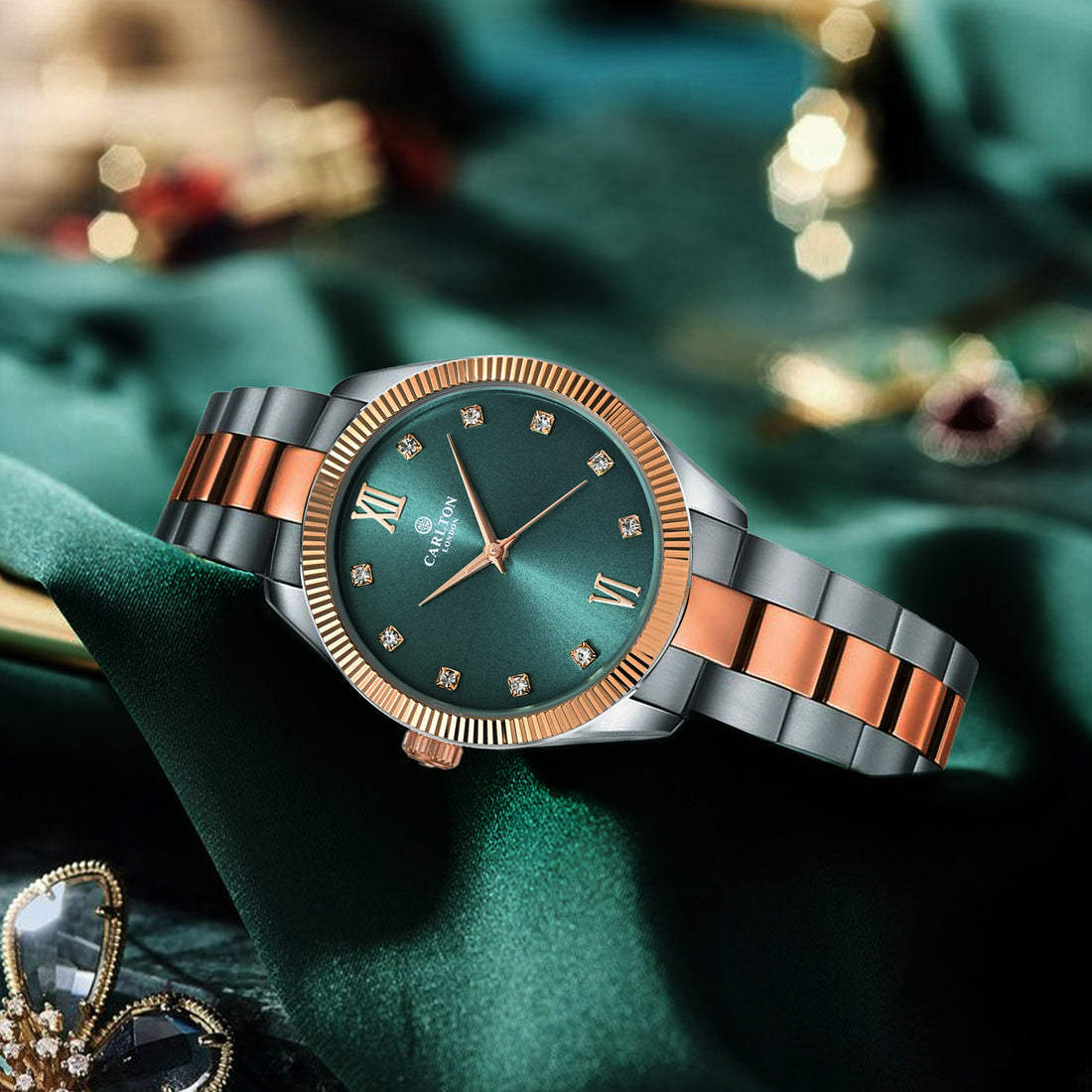 Women Rose Gold / Green Stainless Steel Harper Collection Analog Watch CLBRTDGRN