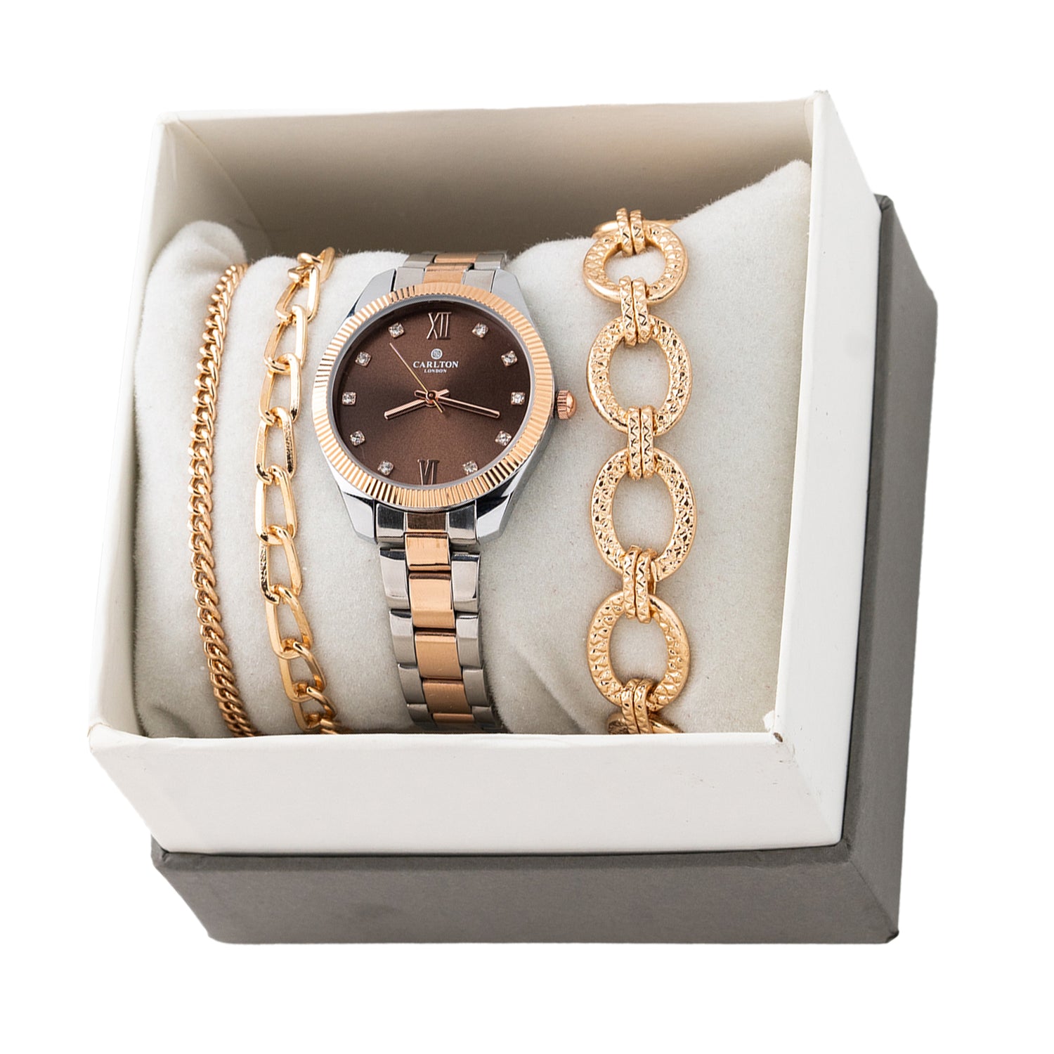 Women Gift Set Of 3 Brown Dial Watch + 3  Bracelets CLPLG054
