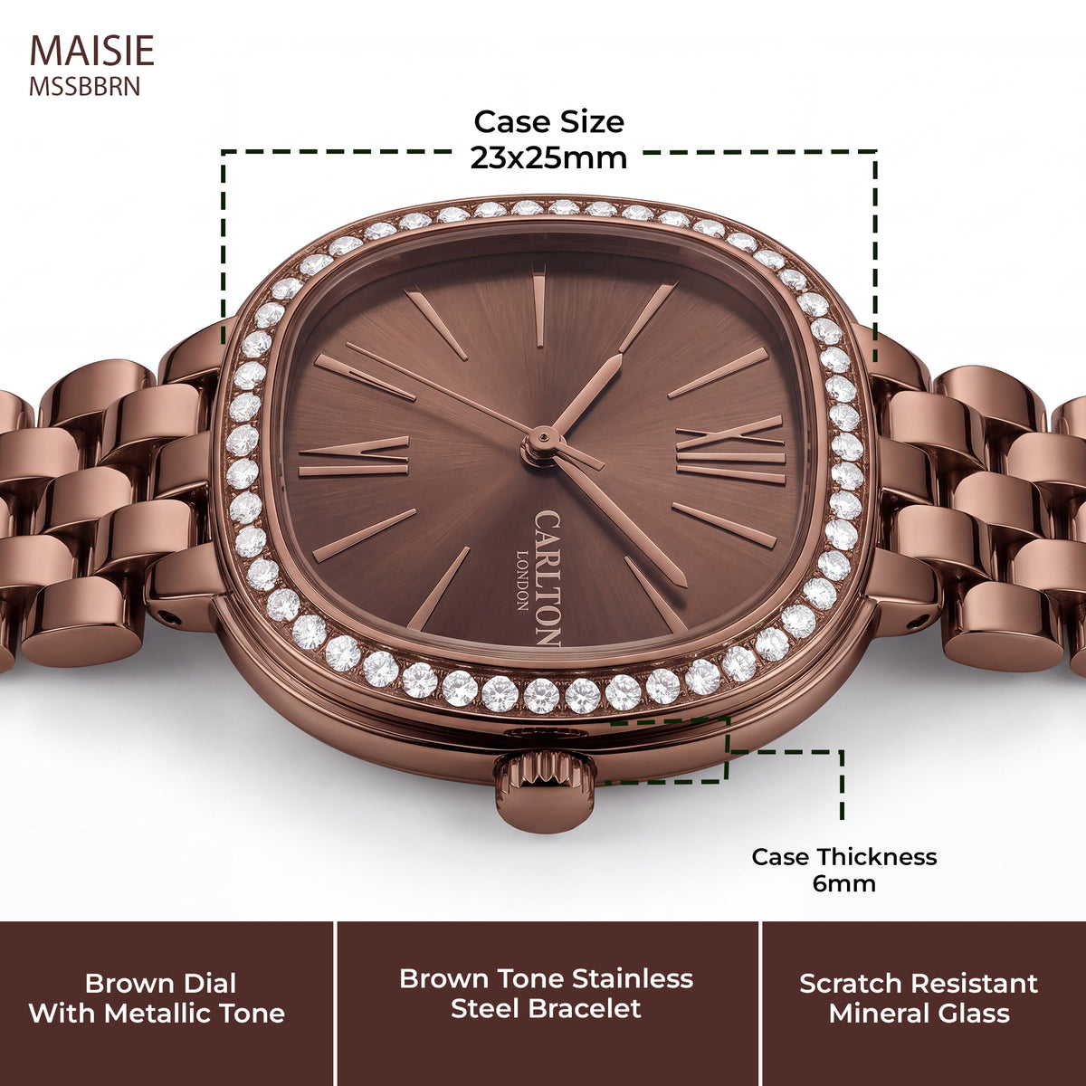 Carlton London Maisie Women’s Watch - Brown Rectangle Dial, Brown Stainless Steel Strap - MSSBBRN