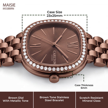 Carlton London Maisie Women’s Watch - Brown Rectangle Dial, Brown Stainless Steel Strap - MSSBBRN