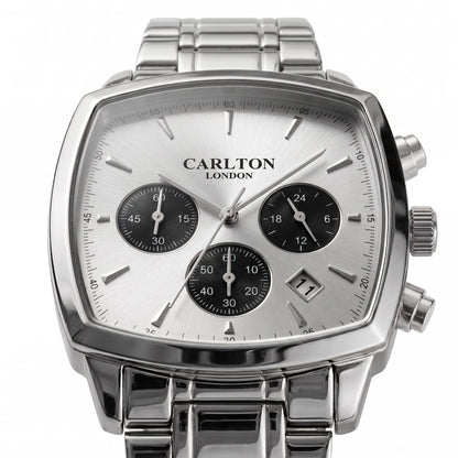 Carlton London Sterling Men’s Watch - Silver Square Dial, Silver Stainless Steel Strap - CLSTBSVR
