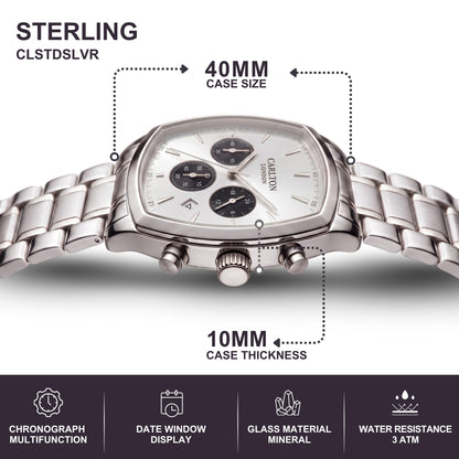 Carlton London Sterling Men’s Watch - Silver Square Dial, Silver Stainless Steel Strap - CLSTBSVR