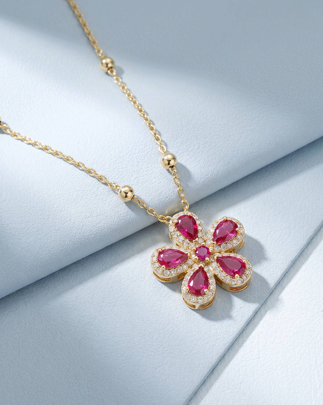 Gold Plated Designer Ruby Red Flower with CZ Pendant and Chain