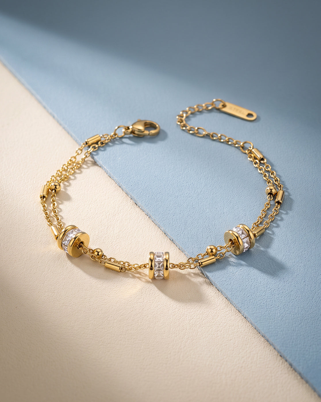 Premium Gold Plated Metallic Round CZ Studded Double Layered Bracelet