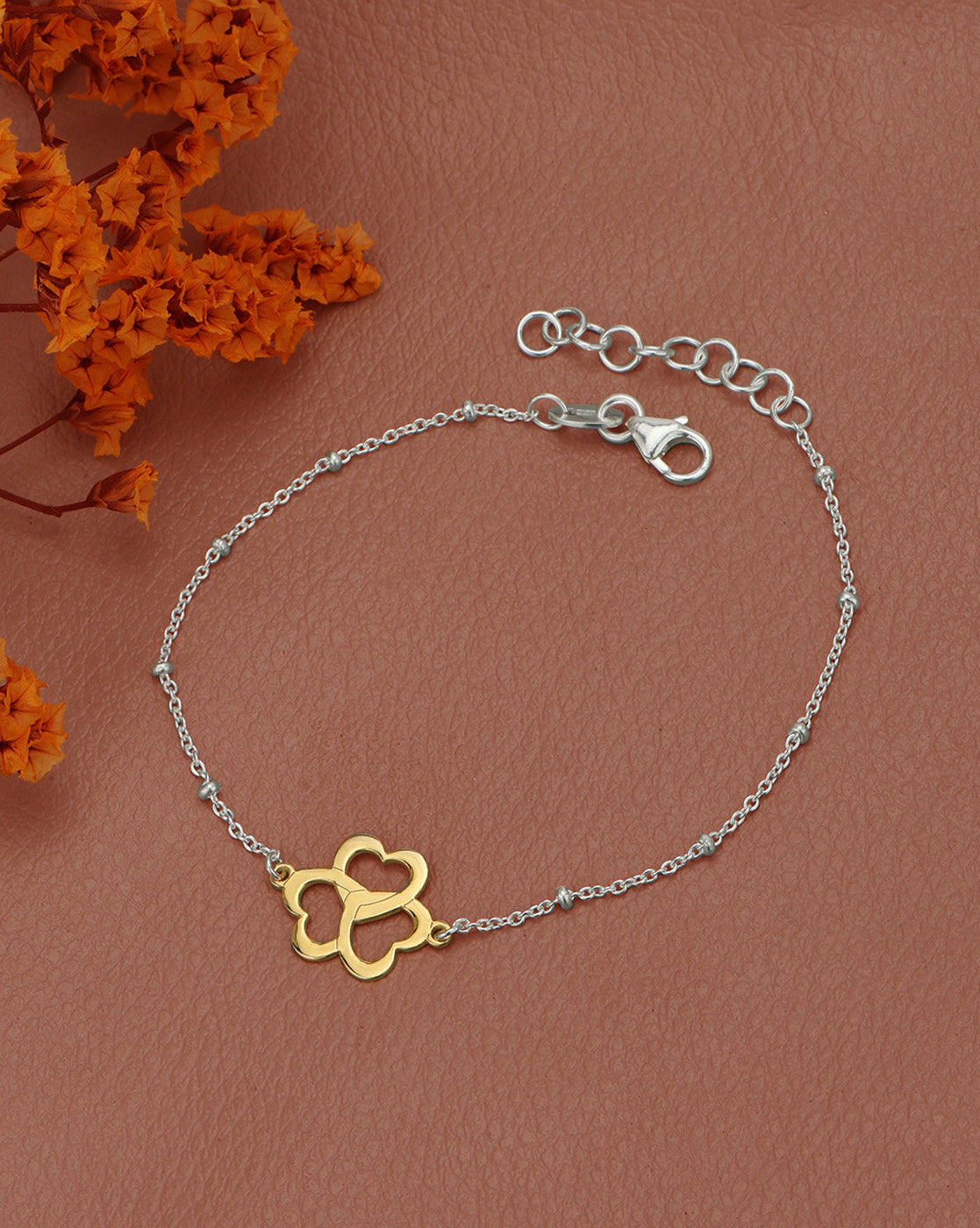 Rhodium &amp; 18kt Gold Plated Modern Heart Clover Adjustable Bracelet