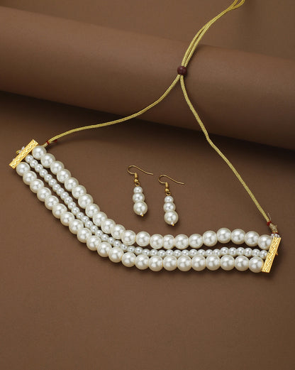 Gold-Plated Elegant Triple Layer Pearl Choker Set
