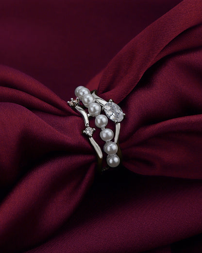 Silver-Plated Contemporary Pearl and CZ Adjustable Ring
