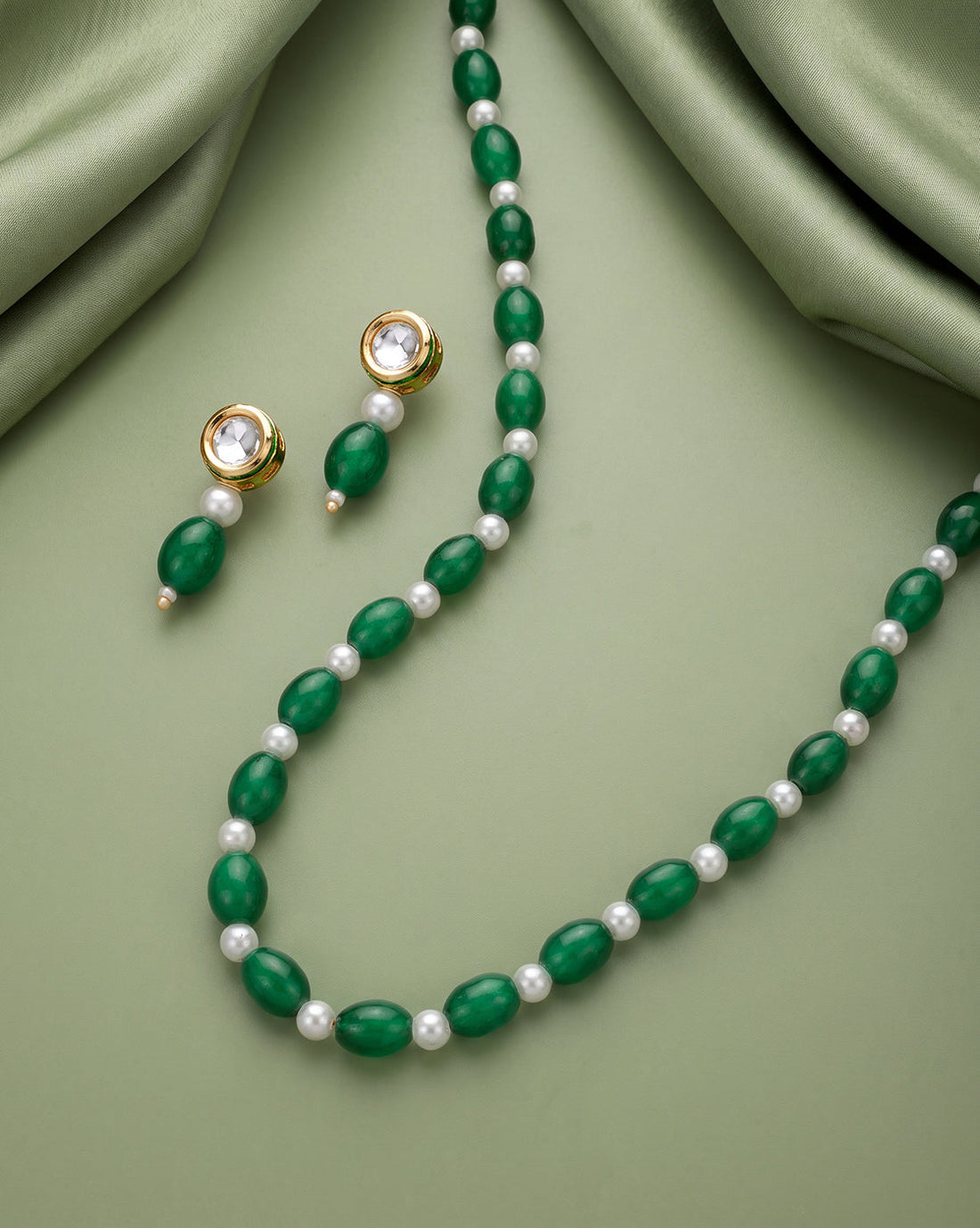 Gold Plated Emerald Green & Pearl Beaded and CZ Jewellery Set
