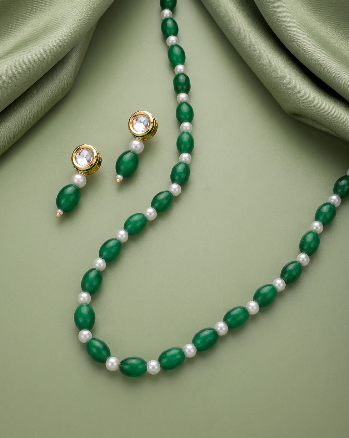Gold Plated Emerald Green &amp; Pearl Beaded and CZ Jewellery Set