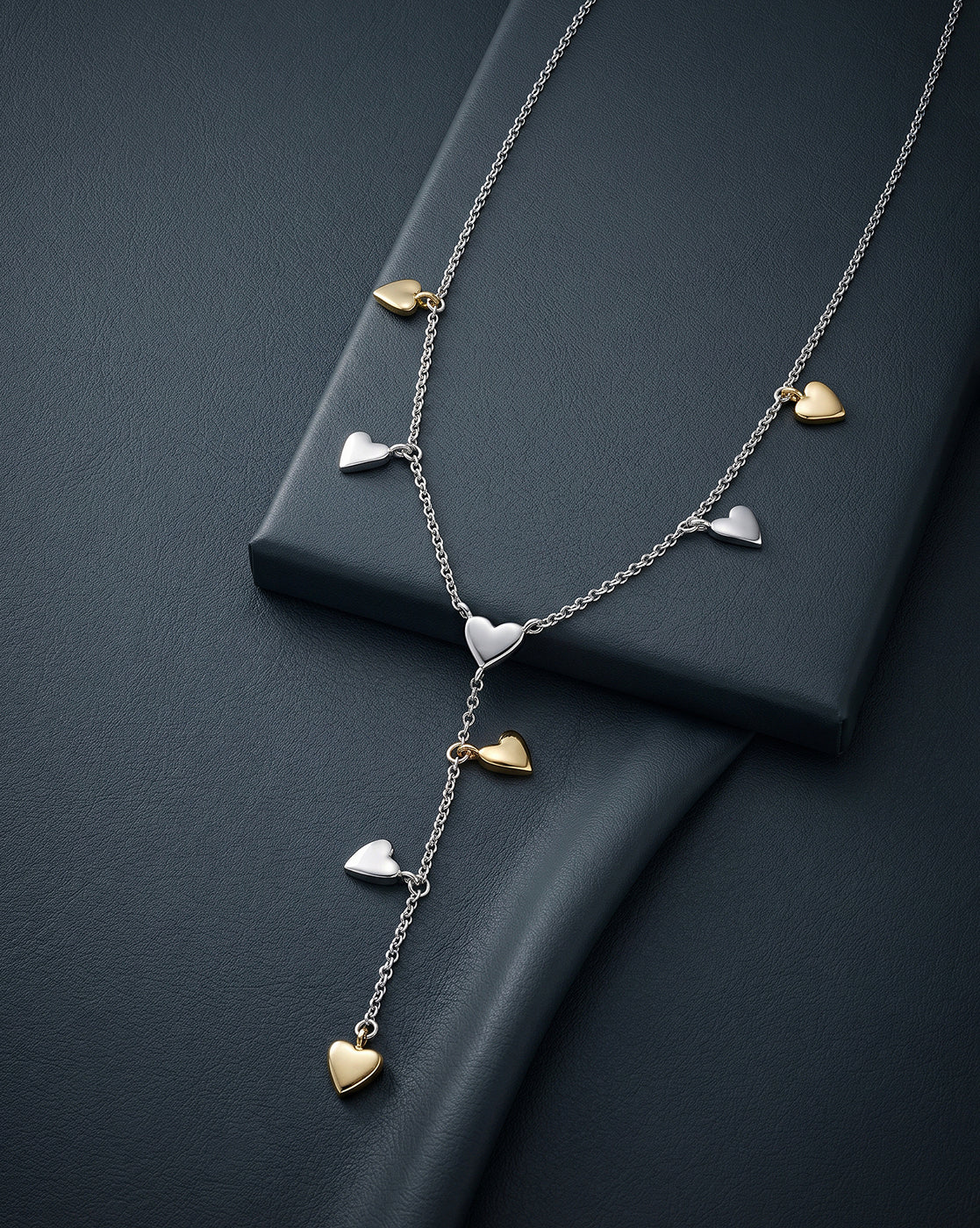 Rhodium &amp; 18kt Gold Plated Dangling Heart Charm Y-Necklace Lariat