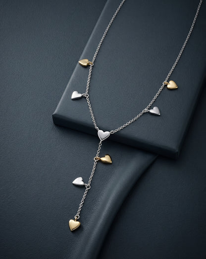 Rhodium &amp; 18kt Gold Plated Dangling Heart Charm Y-Necklace Lariat