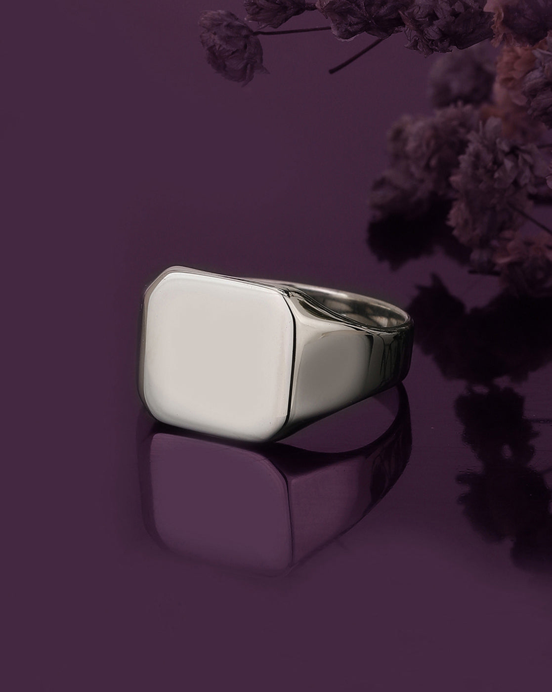 Men Rhodium Plated Square Signet Ring with Hi-polished Top