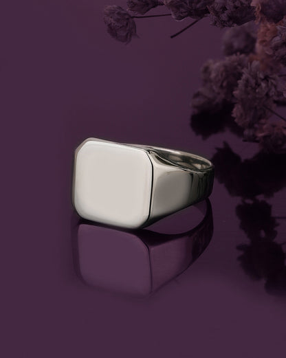 Men Rhodium Plated Square Signet Ring with Hi-polished Top