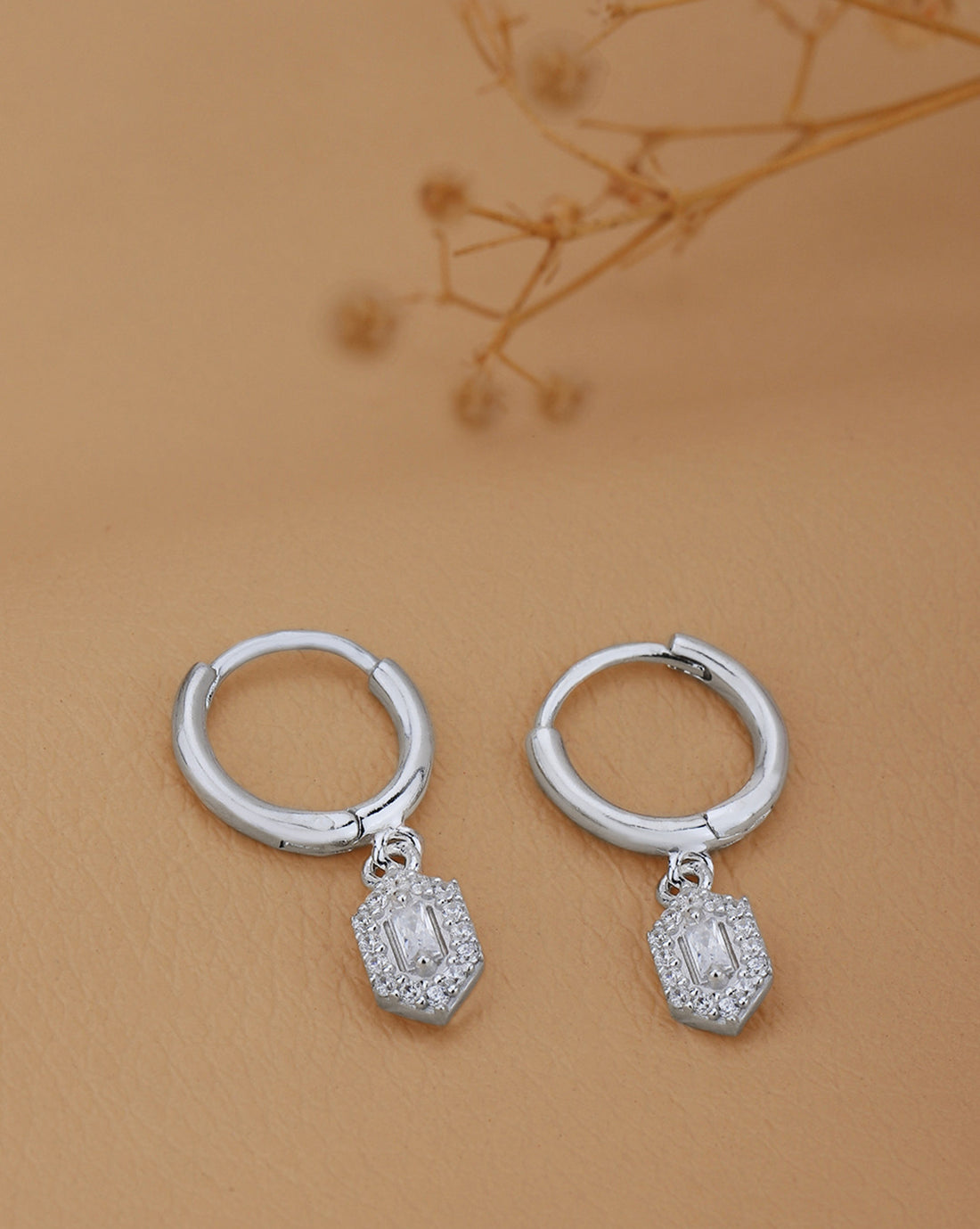 925 Sterling Silver Rhodium Plated CZ Geometric Hoop Earring