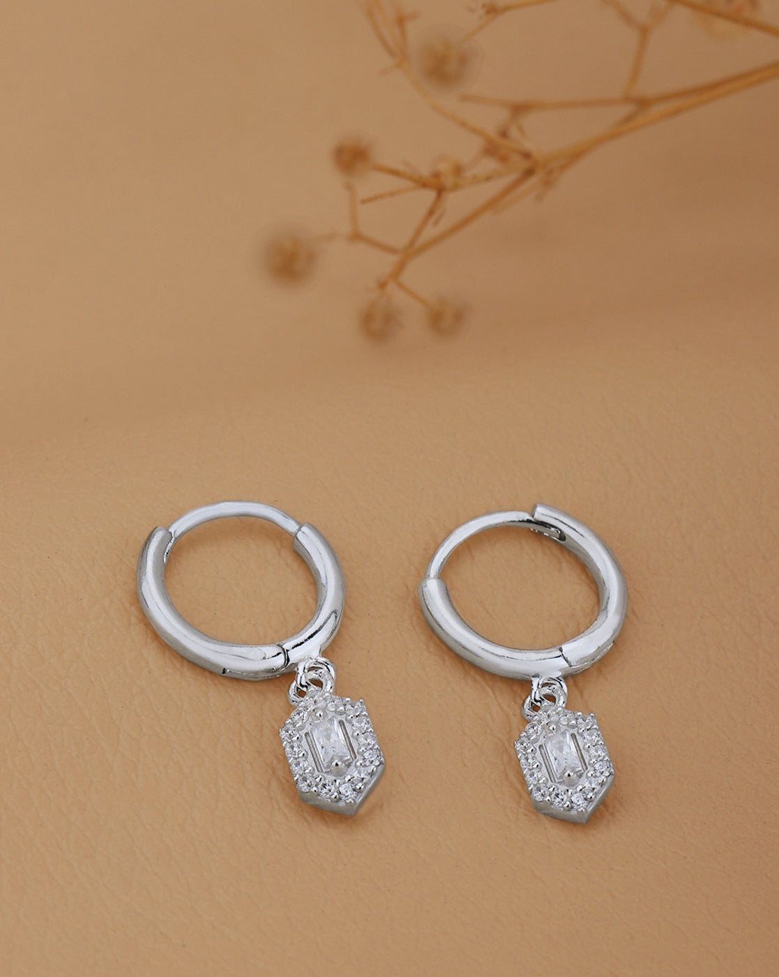 925 Sterling Silver Rhodium Plated CZ Geometric Hoop Earring