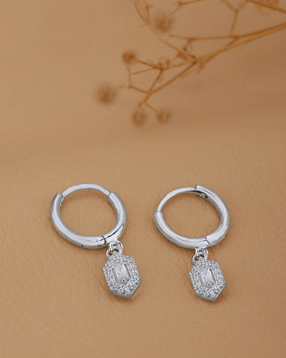 925 Sterling Silver Rhodium Plated CZ Geometric Hoop Earring