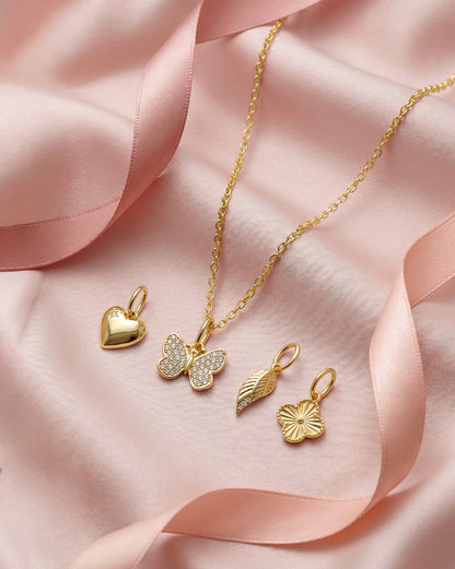 18kt Gold Plated CZ  4-Clover, Heart, Butterfly &amp; Leaf Interchangeable pendant with Chain Necklace