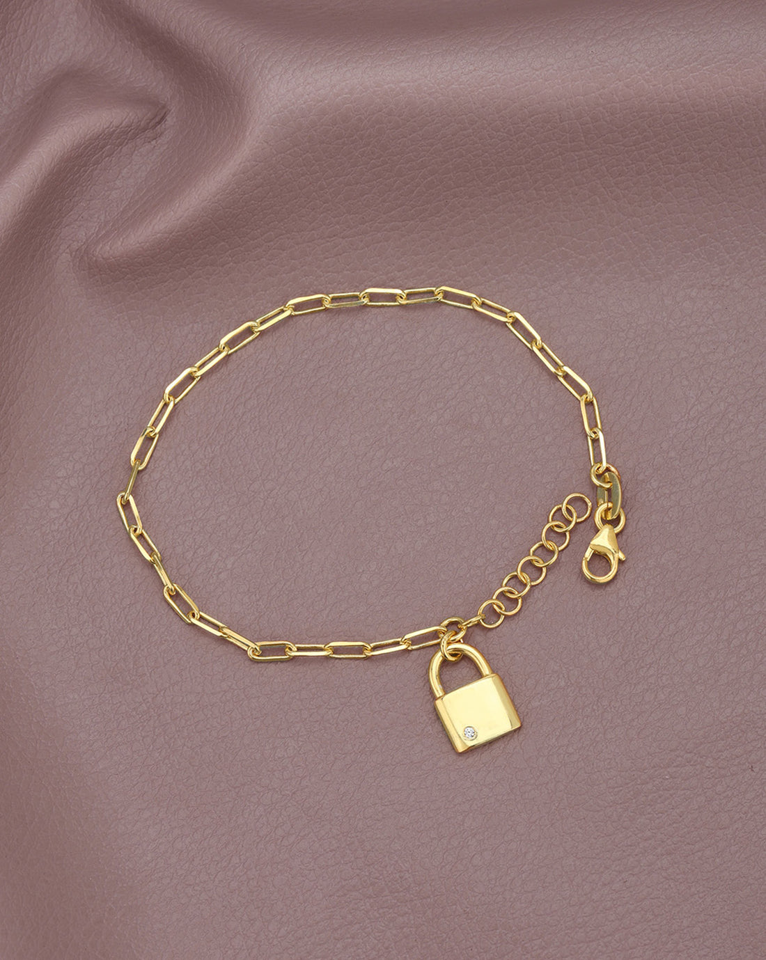 18kt Gold Plated CZ Studded Dangling Lock Charm Adjustable Bracelet with Paperclip Chain