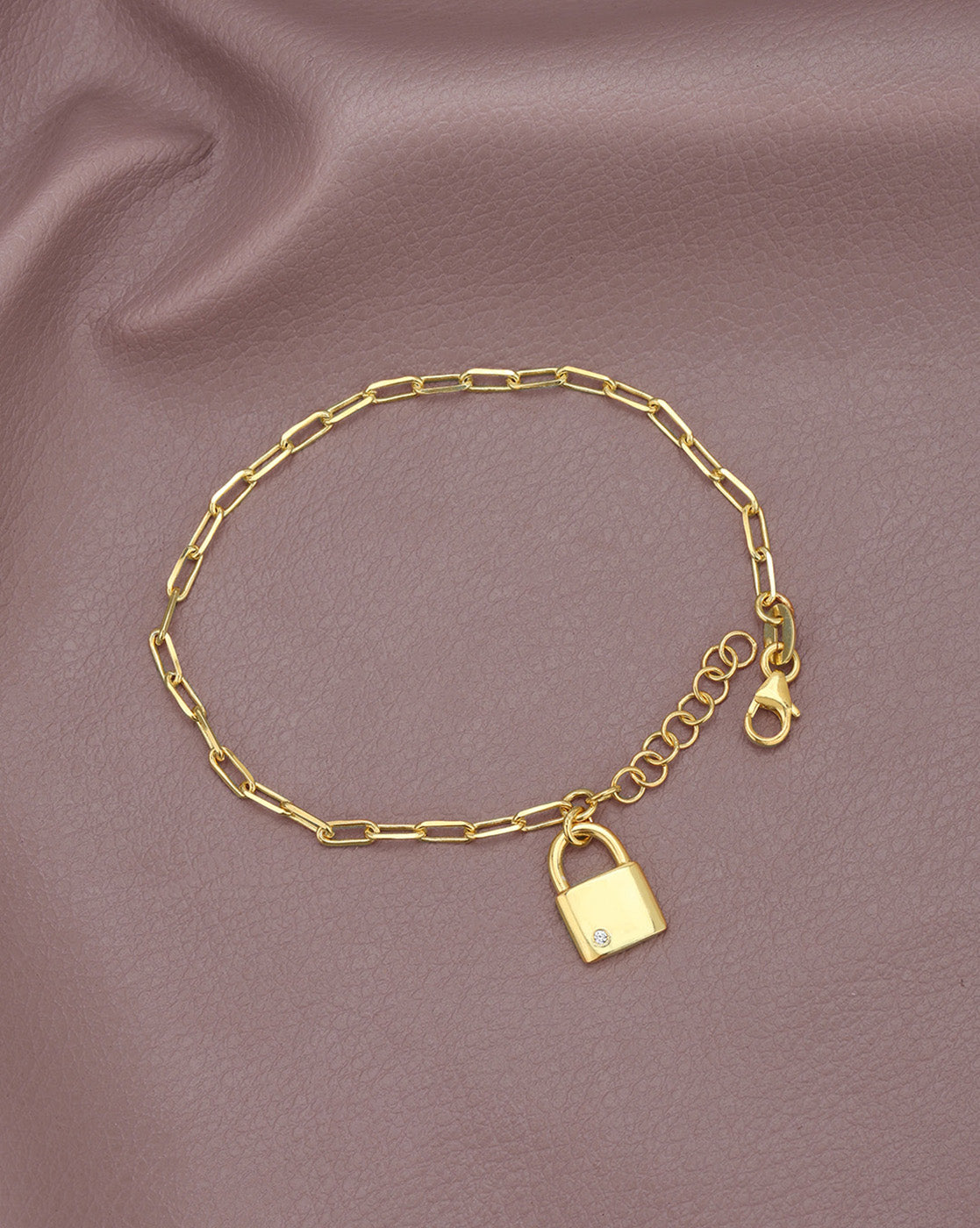 18kt Gold Plated CZ Studded Dangling Lock Charm Adjustable Bracelet with Paperclip Chain