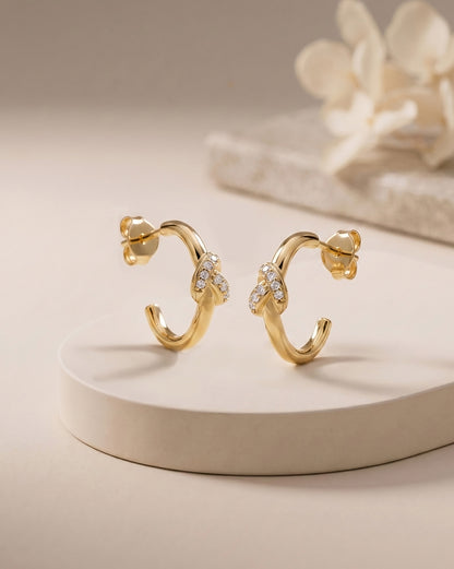 18kt Gold Plated CZ Trendy Knot Half Hoop Earring