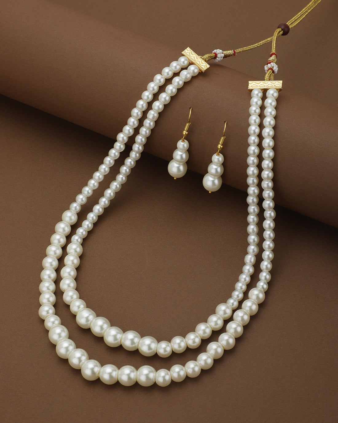 Gold Plated Double Strand Graduating Pearl Necklace with Earring Set