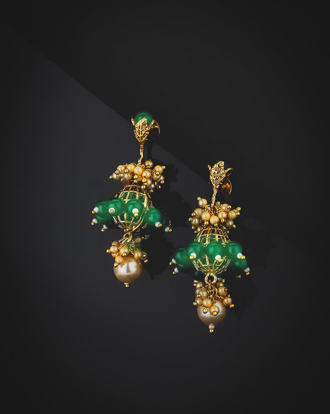 Gold Plated Ethnic Statement Earrings with Pearl &amp; Green Beads