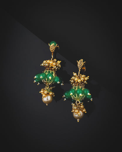 Gold Plated Ethnic Statement Earrings with Pearl &amp; Green Beads
