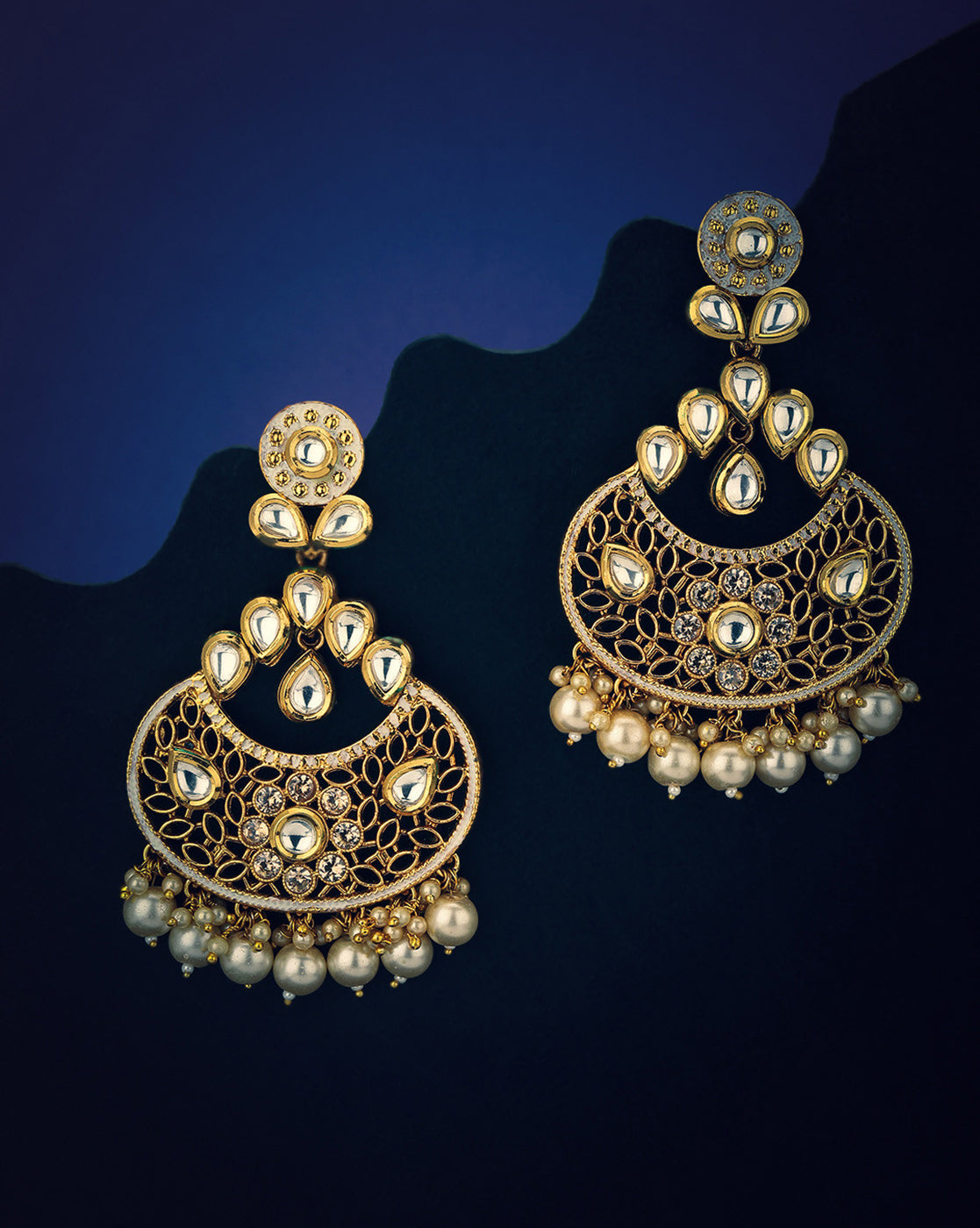 Gold Plated Polki Kundan Studded Chandbali with Pearl Drop Earring