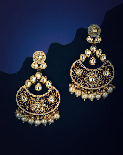 Gold Plated Polki Kundan Studded Chandbali with Pearl Drop Earring
