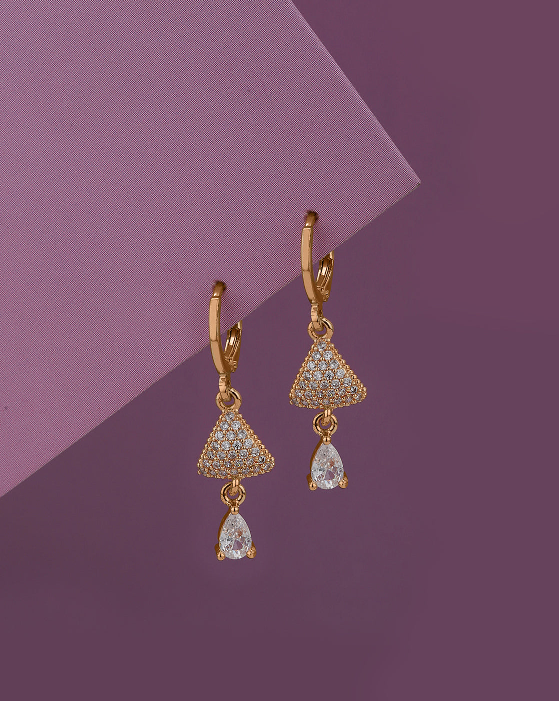 Rose Gold Plated Dangling Solitaire Triangular Hoop Earring