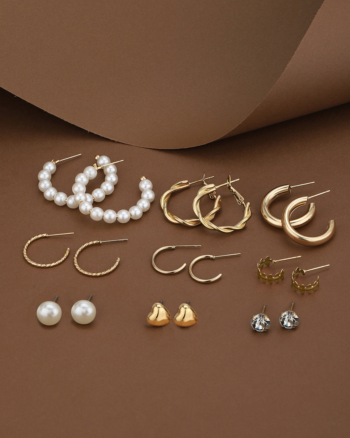 Multipack Set of 9 Gold Plated CZ and Pearl Heart Circular Stud and Hoop Earring