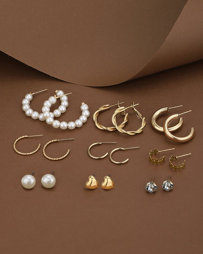 Multipack Set of 9 Gold Plated CZ and Pearl Heart Circular Stud and Hoop Earring