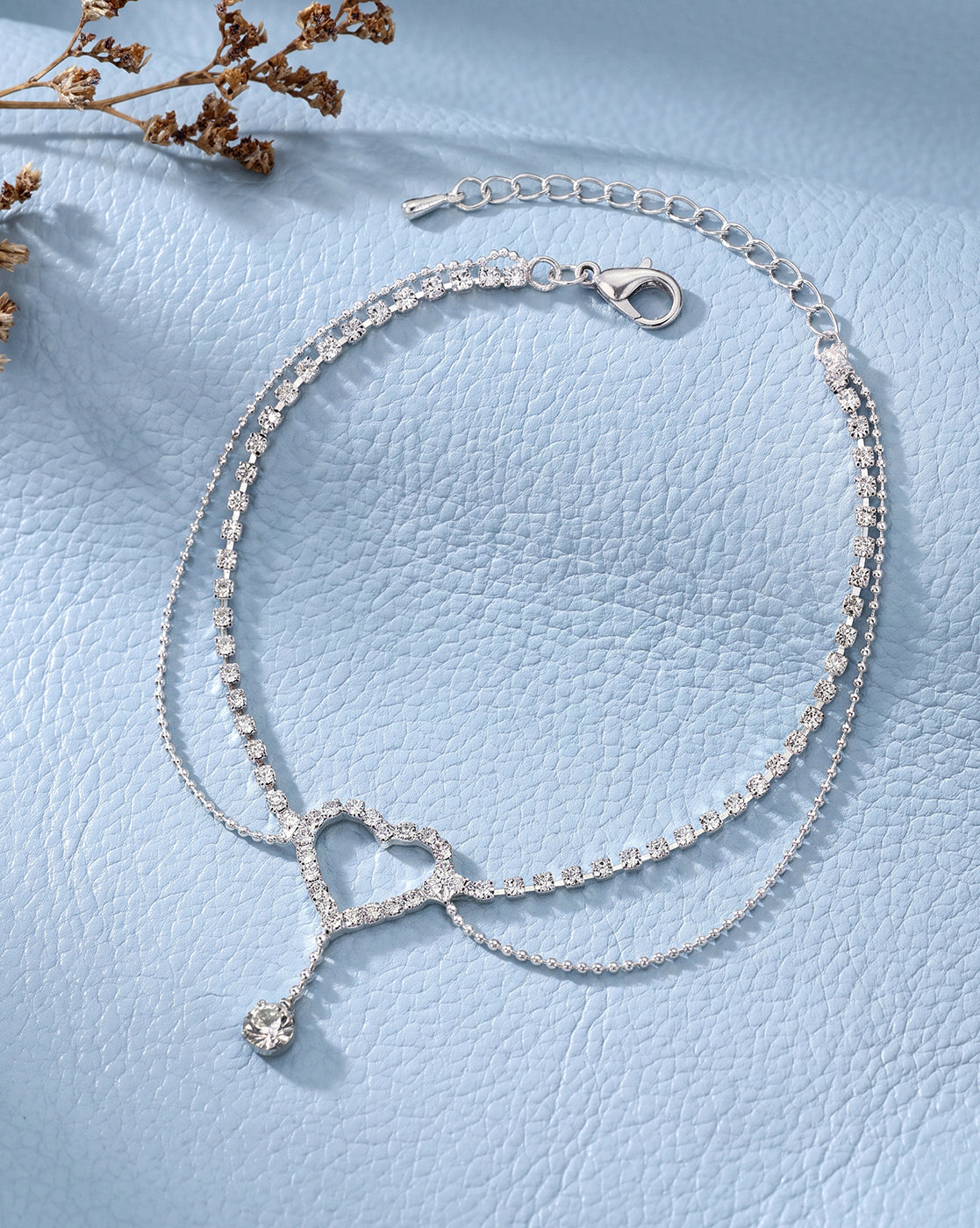 Silver Plated CZ Studded Heart and Dangling Solitaire Layered Anklet