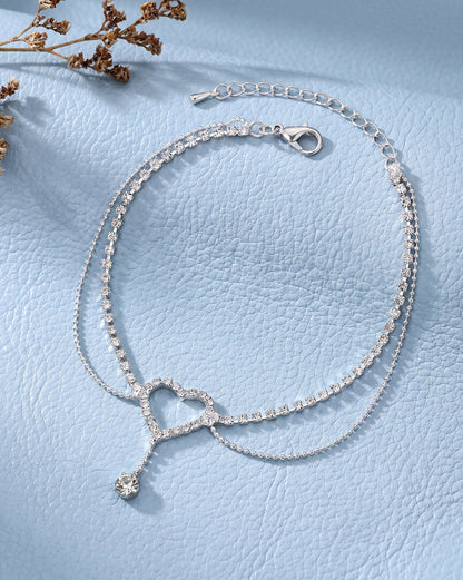 Silver Plated CZ Studded Heart and Dangling Solitaire Layered Anklet