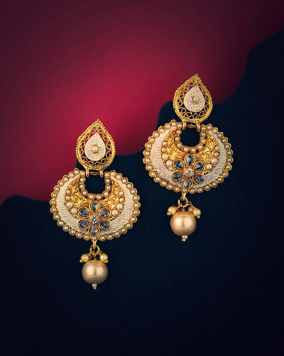 Gold Plated Kundan Teardrop &amp; Filigree Dangler Jhumka Earrings with Pearl Drop