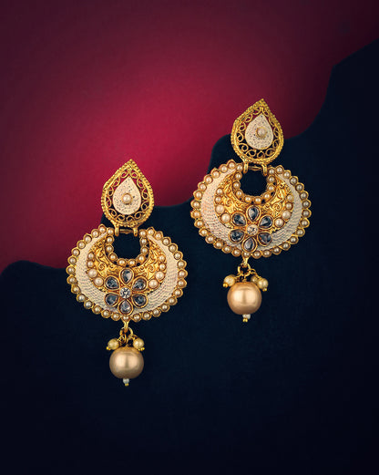 Gold Plated Kundan Teardrop &amp; Filigree Dangler Jhumka Earrings with Pearl Drop