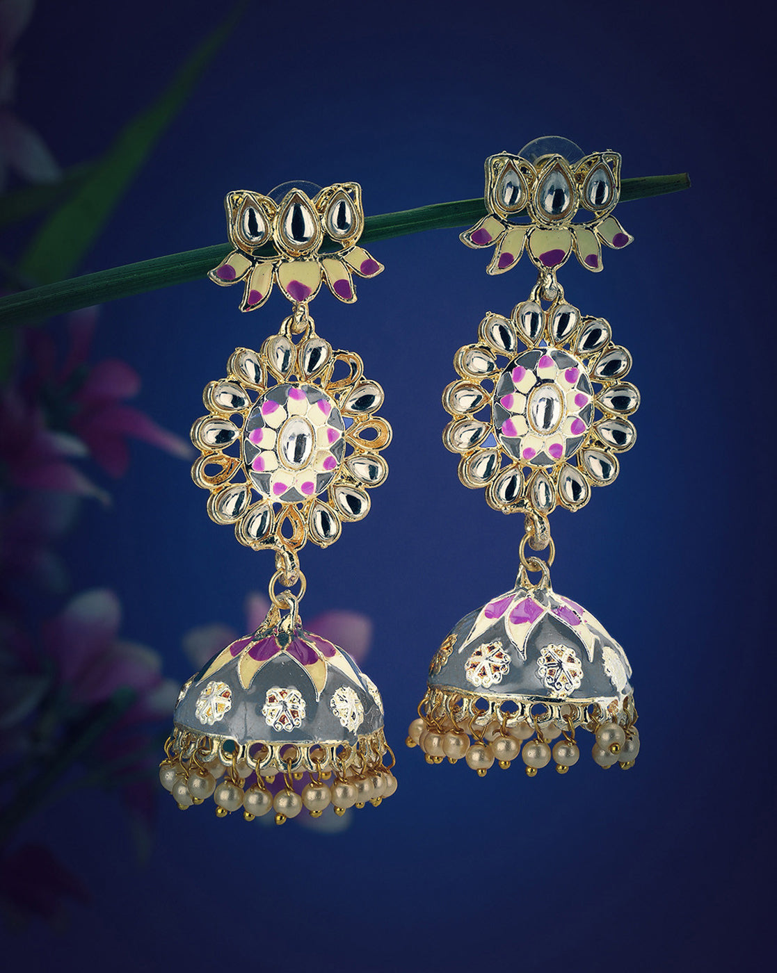 Gold Plated Polki Kundan Studded Enamel Jhumka Earring