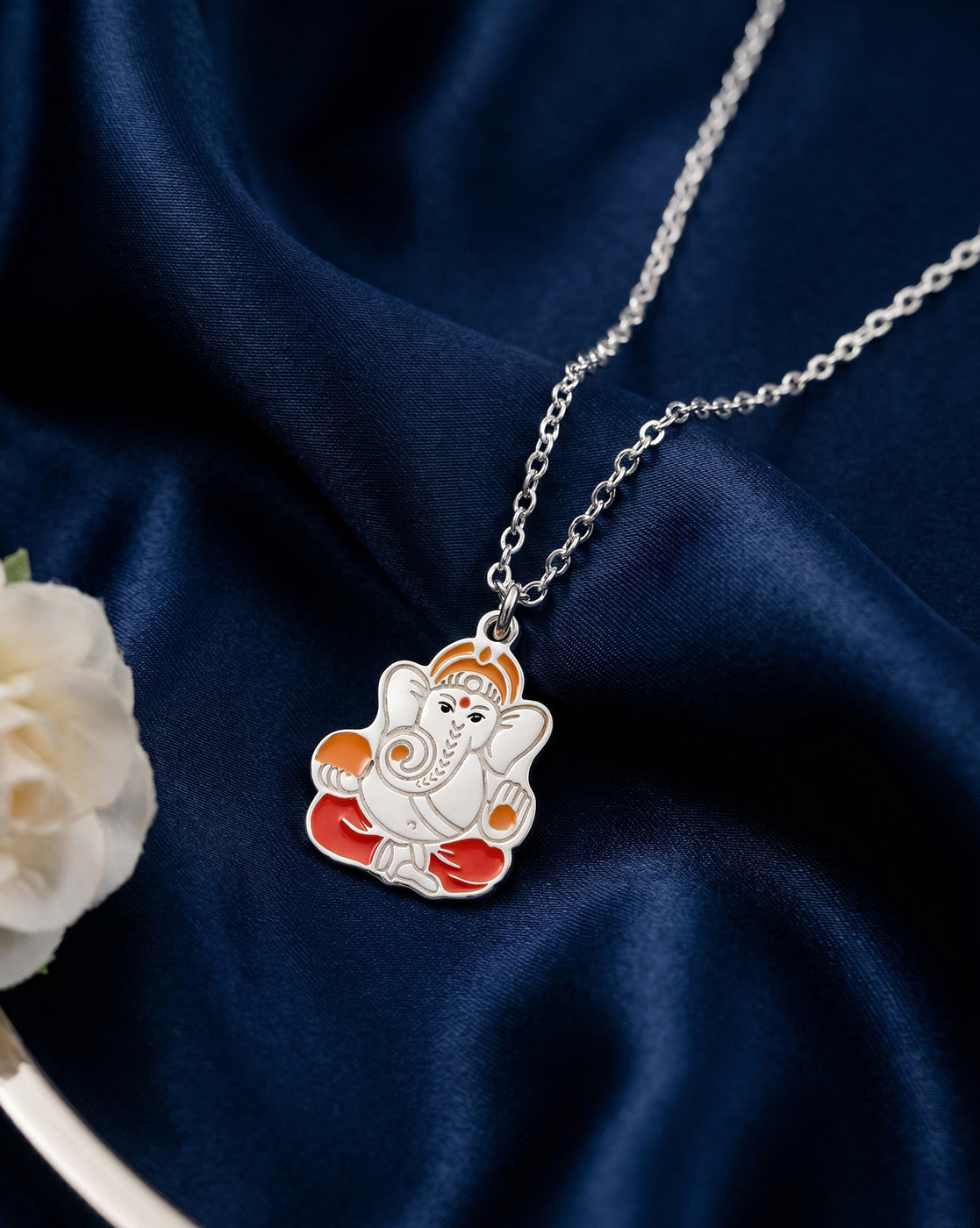 925 Sterling Silver Rhodium Plated Enamel Ganesha Pendant and Chain