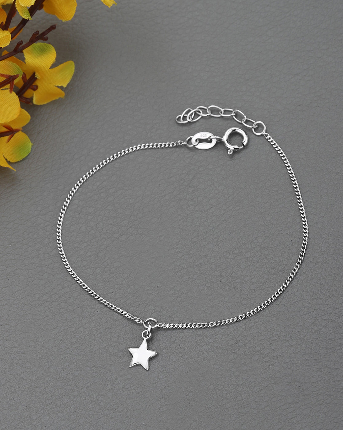 925 Sterling Silver Rhodium Plated Dangling Star Charm Bracelet
