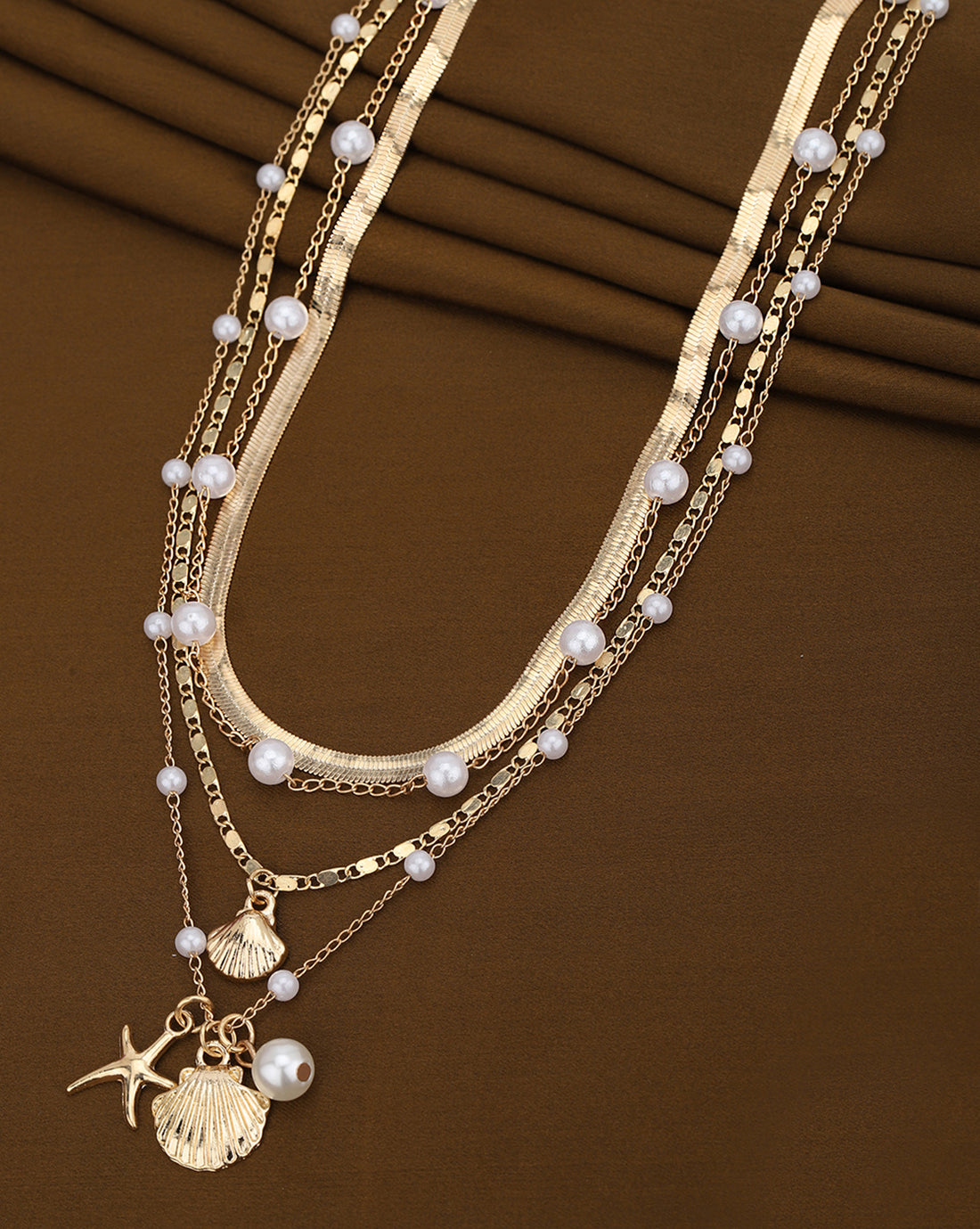 Set of 4 Rose Gold Plated Pearl Seashell Starfish Pendant Multilayered Necklace