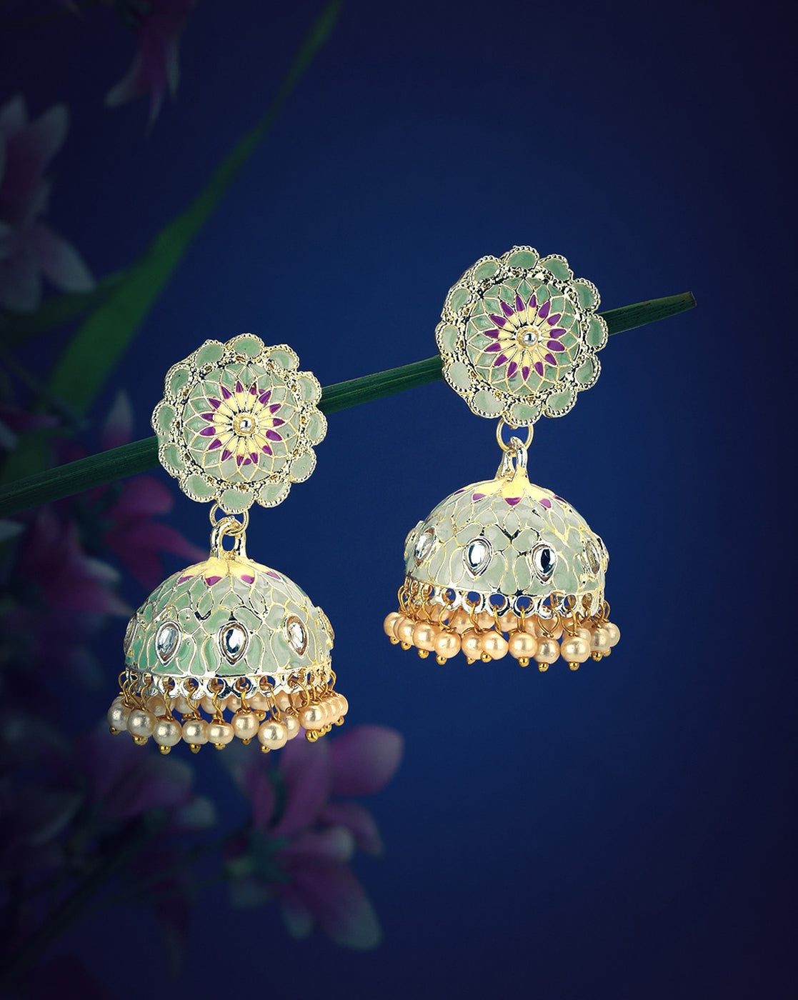 Gold Plated Kundan and Pearl Green Enamel Floral Dome Jhumka Earring