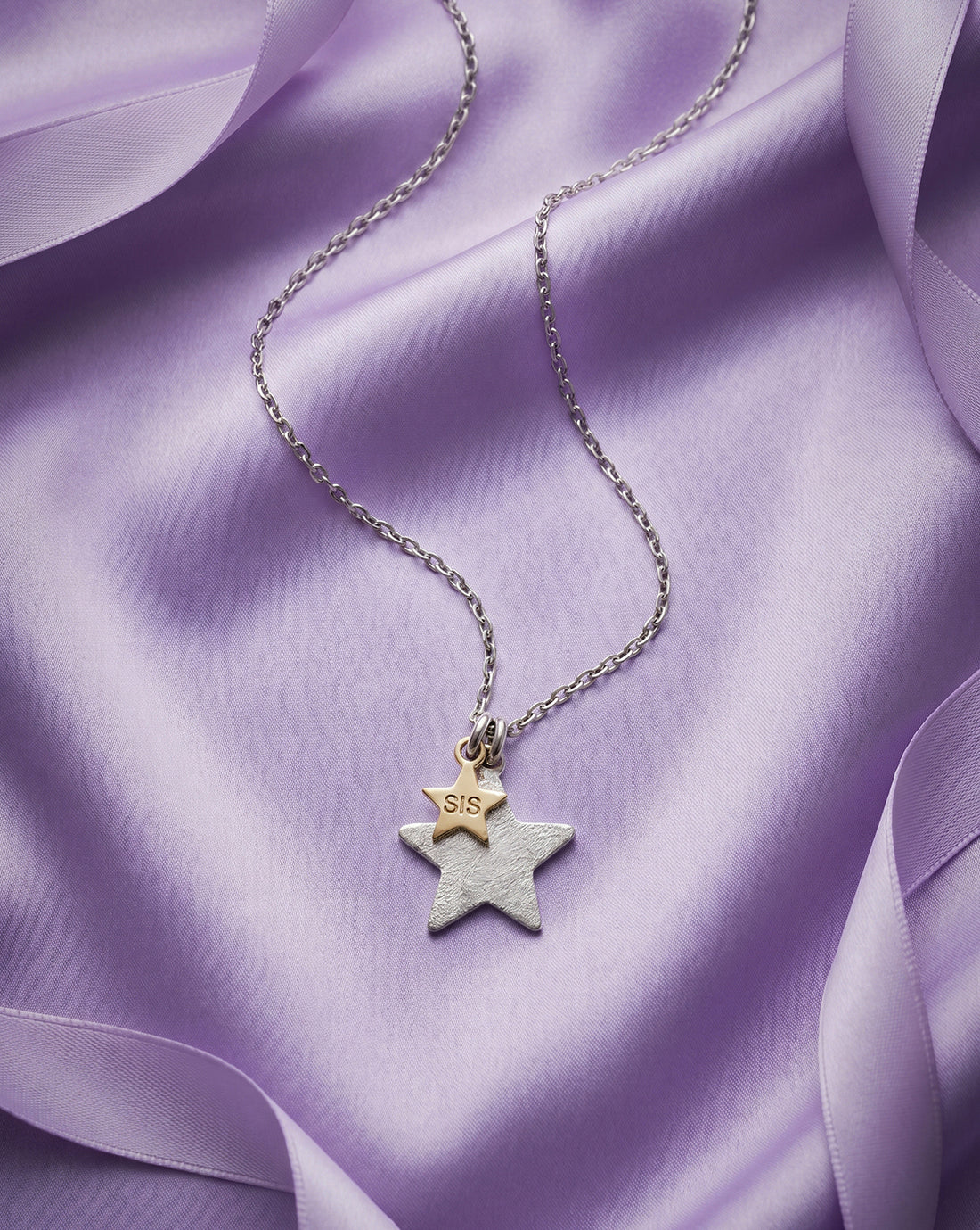 18kt Gold and Rhodium Plated Double Star Sis Pendant with Chain