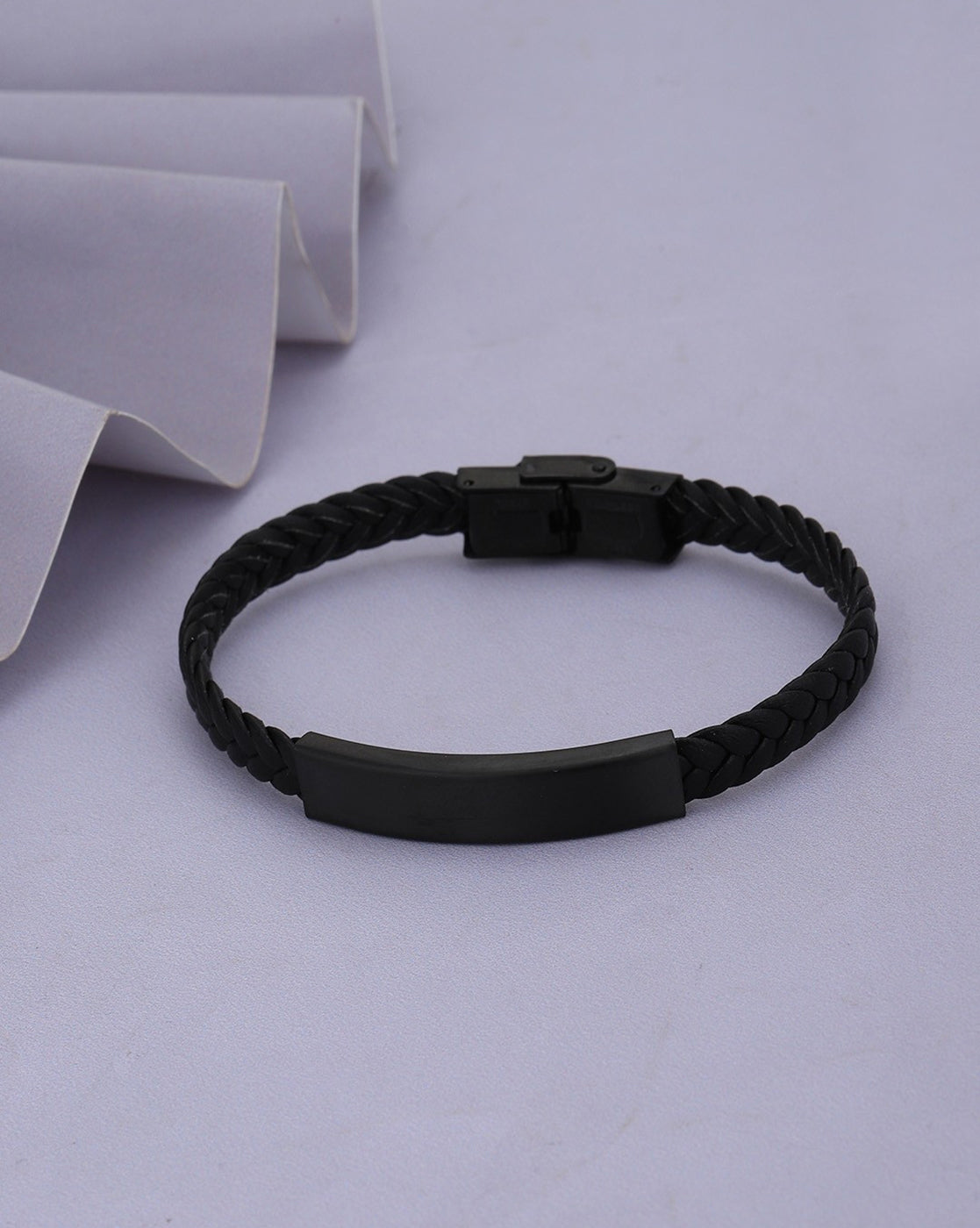 Men Black Toned Faux Leather Bracelet