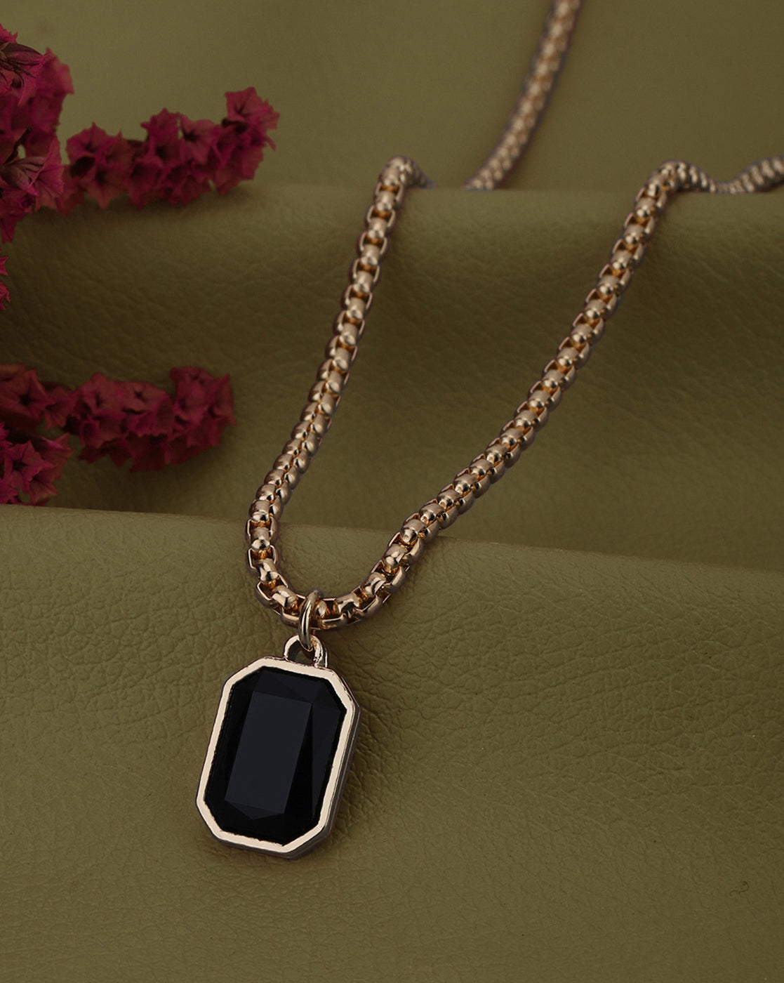 Men Stainless Steel Rose Gold Plated Black Stone Octagon Pendant and Chain