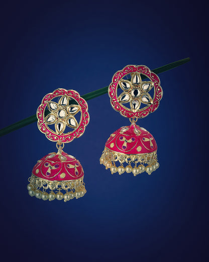 Gold Plated Kundan and Red Meenakari Jhumka Earrings with Pearl Drops