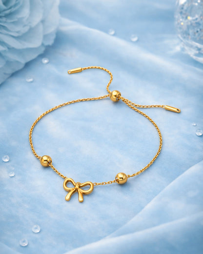 Gold Plated Bow or Ribbon Charm with Beaded Accent Adjustable Bracelet