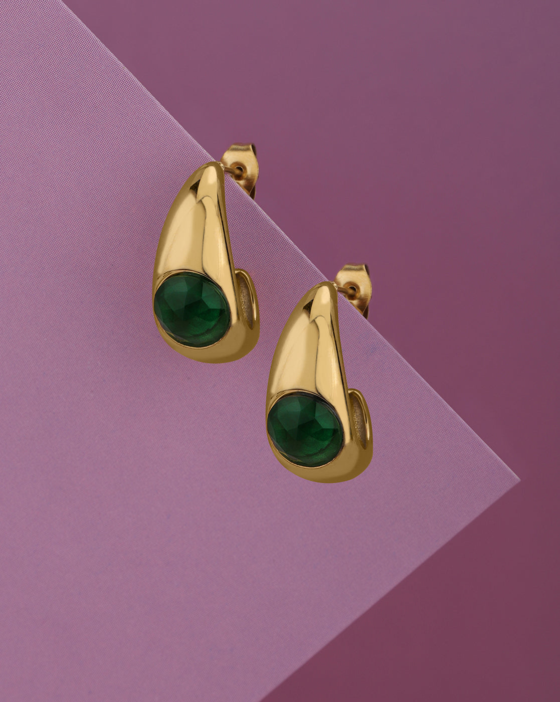 Gold Plated Emerald Green Solitaire Studded Teardrop Half Hoop Earring