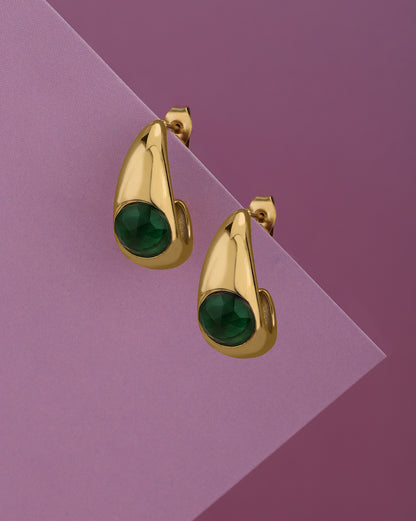Gold Plated Emerald Green Solitaire Studded Teardrop Half Hoop Earring